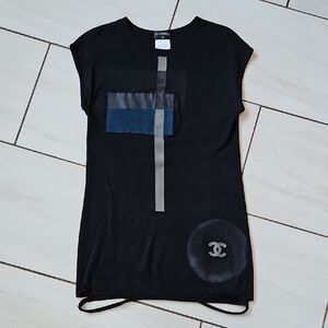 CHANEL Black Sweater Dress Blue Gray Leather CC Logo Accents [Size 38] 🖤